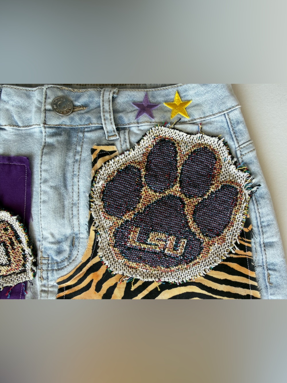 Handmade LSU Tigers Patchwork Game-day Denim Mini Skirt School Spirit Size 26 - Picture 3 of 6